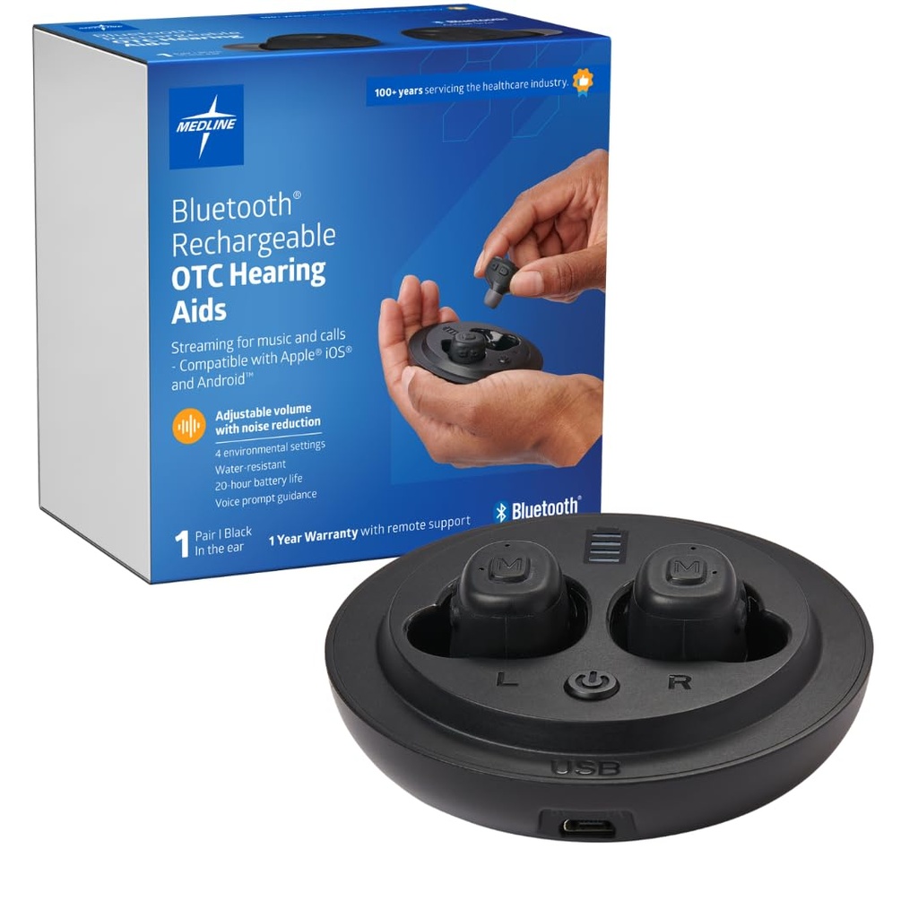 Medline Bluetooth Rechargable OTC Hearing Aids, in- The- Ear, 4 Pengaturan Lingkungan, Air Resistan, Volume Adjustable, Mild untuk Moderate Mendengar Los, Noise Reduction, Earbud Hearing Aids