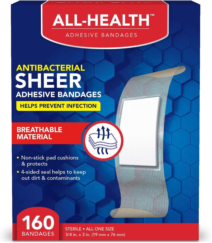 Semua Antibakteria Kesehatan Adhesive Bandages, 3 / 4 dalam x 3, 160 ct Averty 124; Membantu Infeksi Mencegah, Perlindungan Komfortable Ekstra Besar untuk Bantuan Pertama dan Perawatan Berat