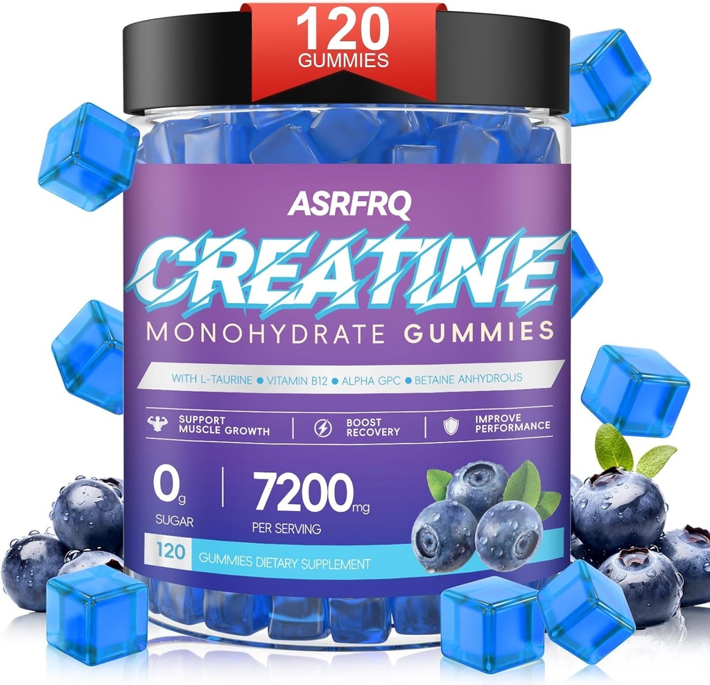Cretine Monohydrate Gummies for Men & Women 120 CT - 7200mg of Creatine Monohydrate per Serving, Chewable Creatine Monohydrate for Muscle Duction Boost, Sugar Free, Vegan (BlueberryFlavor)