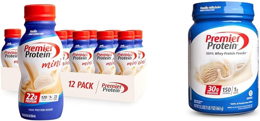Premier Protein Shake Minis Vanilla 22g Protein 120 Kalories Pack of 12 & Powder Vanilla Milkshake 30g Protein 17 Pelayan 23.3 Ounces