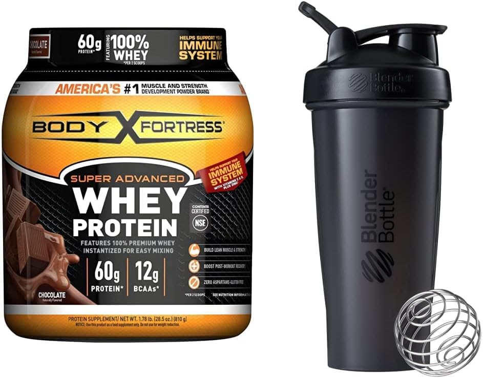 Body Fortress Super Advanced Whey Protein Powder, Chocolate (1.78 pon) dan BlenderBottle Classic Shaker Bottle (28 oz), Black