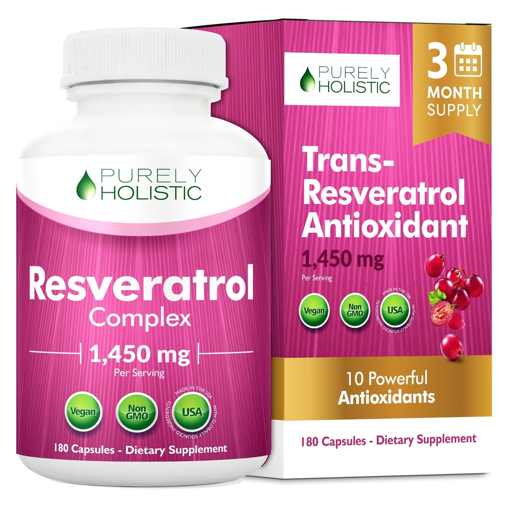 Murni Resveratrol Holistik 1450mg, 90 Hamba, Trans- Resveratrol antioksidant Suplemen dengan Vitamin C dan Polyphenol Kompleks, 180 Vegan Capsules