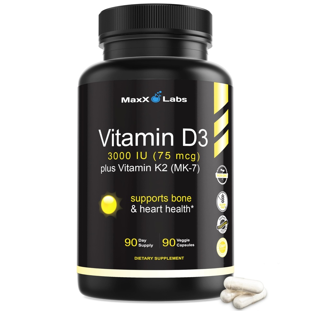 Vitamin D3 K2 3000 IU - dengan Vitamin K sebagai MK-7 dari Natto - Potamin Tinggi support Heally Bones, Teeth, Heart & Ammune Fungsi, Gluten- Free - 90 Capsules