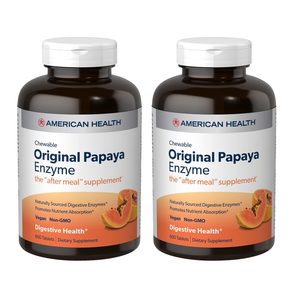 Kesehatan Amerika Asli Papaya Enzyme - 600 Tablet Chewable, Paket 2 - Suplemen Meal - Non-GMO, Vegan - 400 Total pelayan
