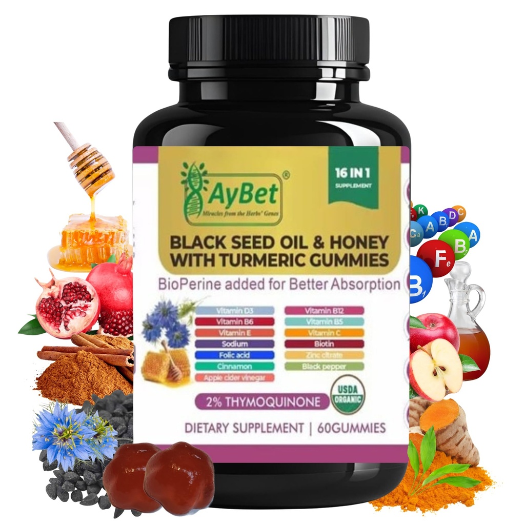 Black Seed Oil & Honey with Turmeric Gummies with BioPerine, Apple Cider Vinegar, Biotin, Zinc & Vitamin C D3 B12 - Imune, Detox, Energy & Hair Skin Nails Dupport - 60 Vegan, Halal, Organik Gummi