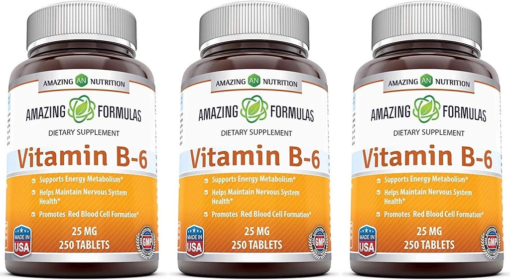Menakjubkan Formula Vitamin B6 Pyridoxine 250 Tablet Supplemen 124; Non-GMO 124; Gluten Free Alag4; Dibuat di USA (3 Pack)