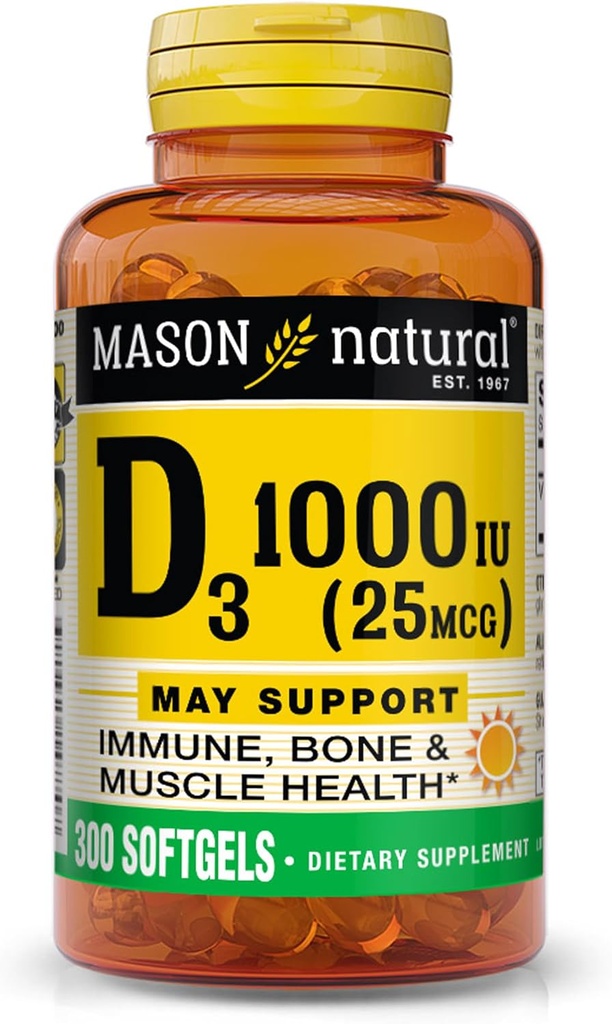 MASON NATURAL Vitamin D3 25 mcg (1000 IU), Supports Overall Health, Strengthens Bones dan Muscles, dari Fish Liver Oil, 300 Softgels