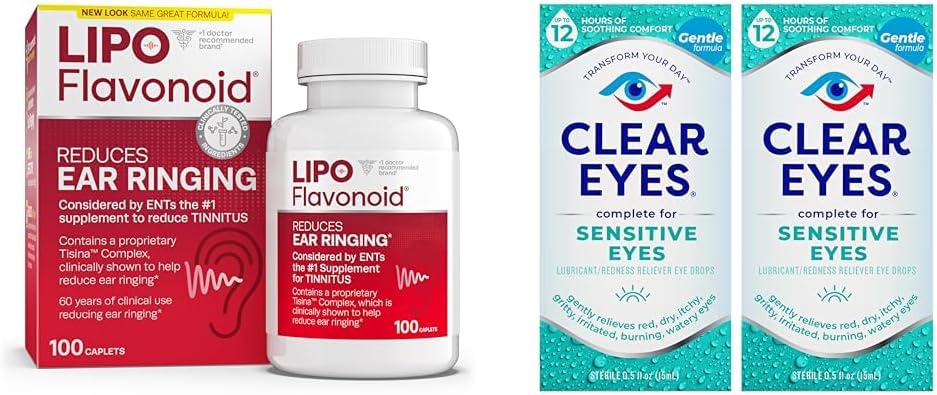 Lipo- Flavonoid Tinnitus Relief Ear Health Vitamin 100 Caplets & Clear Eyes Sensitive Eye Drops 0.5 Oz 2 Pack Bundle