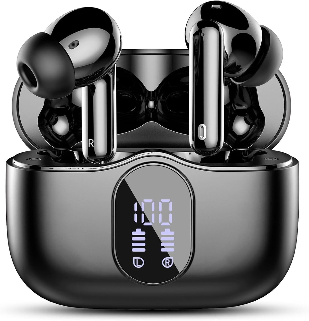 Earbuds nirkabel, Bluetooth 5.4 Headphone Bass Stereo, Ear Buds dengan Tampilan LED Noise Cancelling, IP7 Waterproof di Earphone Ear, 36H Playtime untuk Laptop Pad Phones Sports Workout, Black