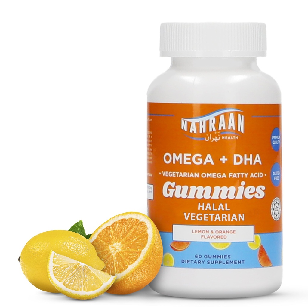 Halal Omega 3 untuk orang dewasa & Anak - Omega 3 Vegetarian Gummies dengan Lemon & Orange Flavor - Orang dewasa dan Anak Gummies - 60 Count