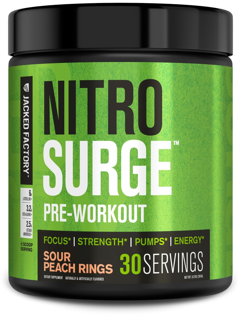 Jacked Factory NITROSURGE Pre Workout Supplemen - Energi Endless, Gains Kekuatan Instant, Fokus Jelas, Pumps Intense - NO Booster & Powerful Pretraining Energy Quoder - 30, Cincin Persik Sour