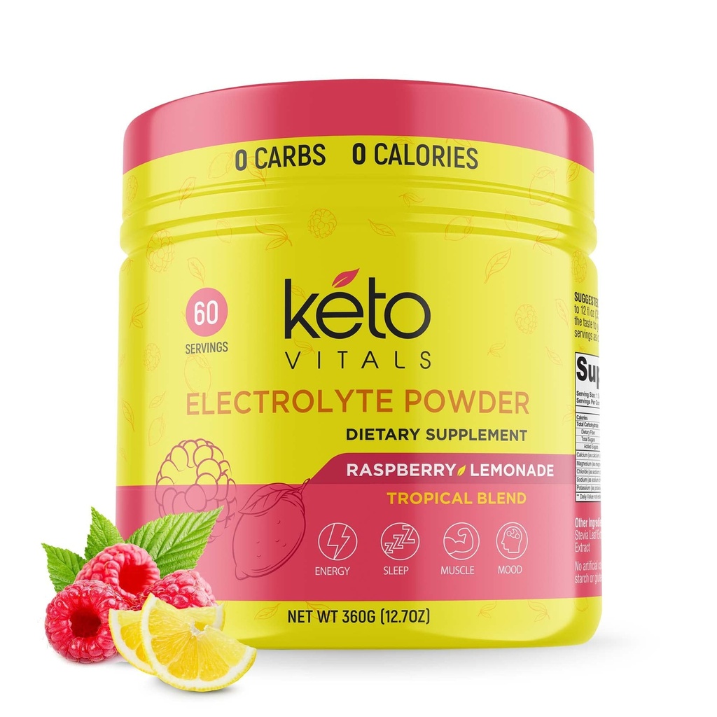 Keto Vital Electrolytes Powder - Sugar Free Keto Electrolytes Powder dengan Potsium, Magnesium, Sodium - No Sugar Electrolite Drink Mix & Hidration Powder, 60 Servings, Raspberry Lemonade