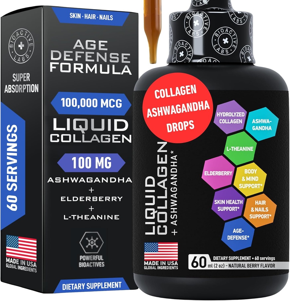 Liquid Collagen for Women and Men with Calming Ashwagandha - 100,000mcg Bovine Collagen Drink, 100mg Ashwagandha Liquid for Radiant Skin, Hair, Nails, and Immune Dupport - 2oz Berry Flavor Drops