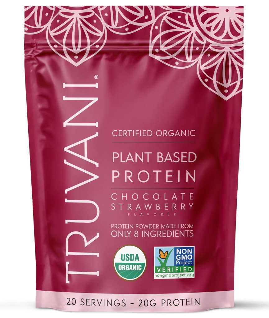 Truvani Vegan Pea Protein Powder 124; Chocolate Strawberry 124; 20g Organic Plant Based Protein 124; 20 Servings