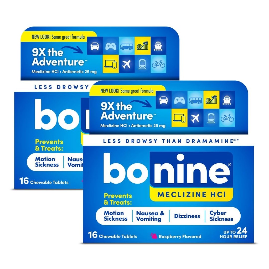 Bonine Non-Drowsy Motion Sickness Relief - 32 Chewable Tablet dengan Meclizine HCL 25mg - Non Drowsy Medicine for Nausea or Motion Sickness - Cruise Essentials - Raspberry Flavor