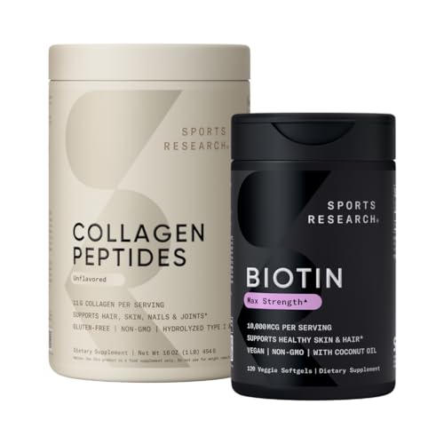 Peptida Penelitian Olahraga untuk Perempuan & Pria Hydrolyzed Tipe 1 & 3 Protein Tambahan Mudah Mixing Protein Nutrients dan Vegan Biotin 10 juta mcg Max Kekuatan B7 120 Softgels (4 Pasokan Bulan)