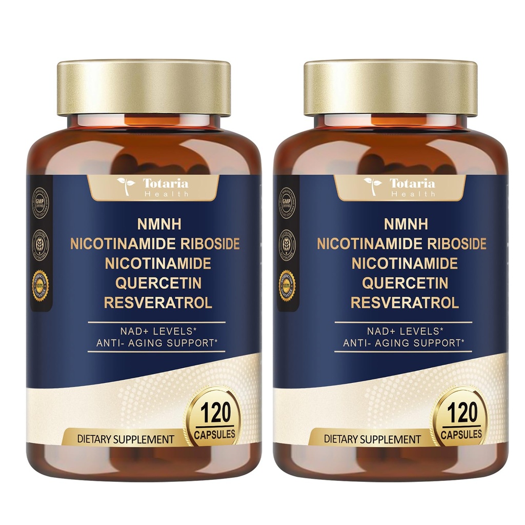 Totaria NMNH (Dihidronicotinamide), NMNH Suplemen w / Niacinamide (Vitamin B3), Quercetin, Trans- Resveratrol, Dukungan NAD +, Anti- Aging, Skin Cell Health & Energi, 240 Count