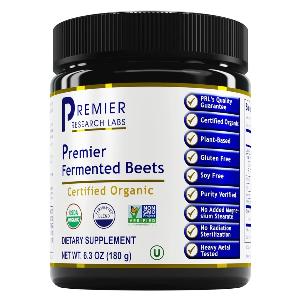 Premier Research Labs Premier Fermented Beats - Beet Root Powder Fermented, Organic Feriring Beets for Men & Women, Beetroot, Nitrate, Dukungan Tekanan Darah, USDA Organik - 6.3 Oz Jar