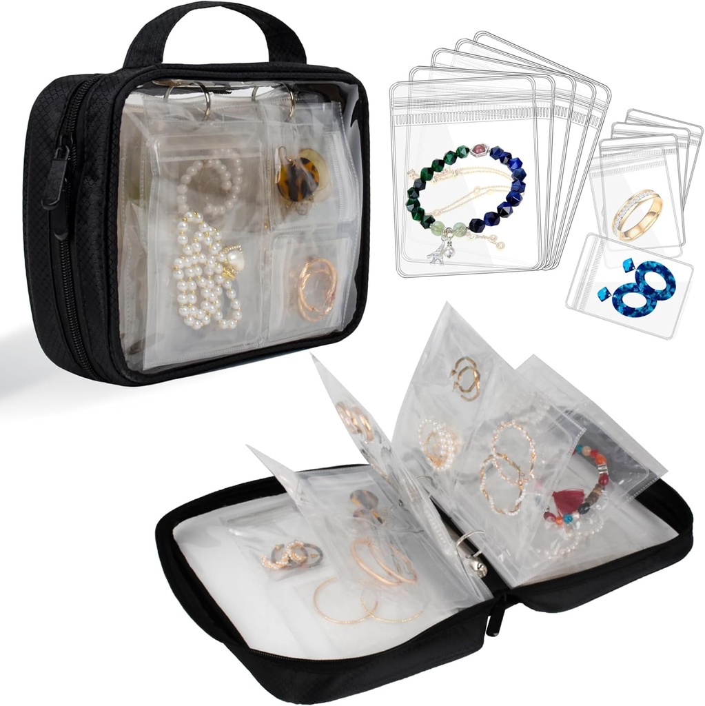Travel Jewelry Organizer Case Transparent Jewelry Storage Book Binder Bag for Earrings, Rings, Necklace, Brackets, Black