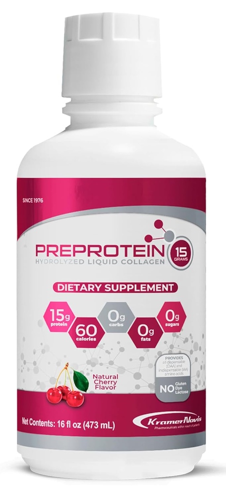 PreProtein 15 ® Liquid Hydrolyzed Collagen Peptides Protein (16 FL Oz) - Sugar-Free, Cherry Flavor, Amino Acids, Fat Free & Gluten Free Supplemen Bariatric, Recovery, Dialysis