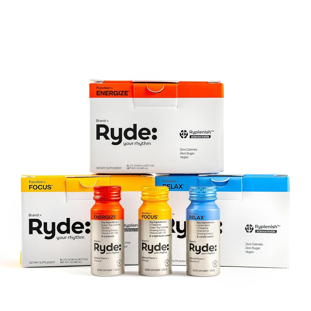 Ryde: Discovery Pack 124; Energize, Focus & Relax Shots 124; Green Tea Caffeine, Taurine, Ginseng, B Vitamin, L- Theanine, Lemon Balm, Chamomile 124; 0 Kalories, 0 Sugar 126; Variety Pack - Coba Theall (24 Pack)