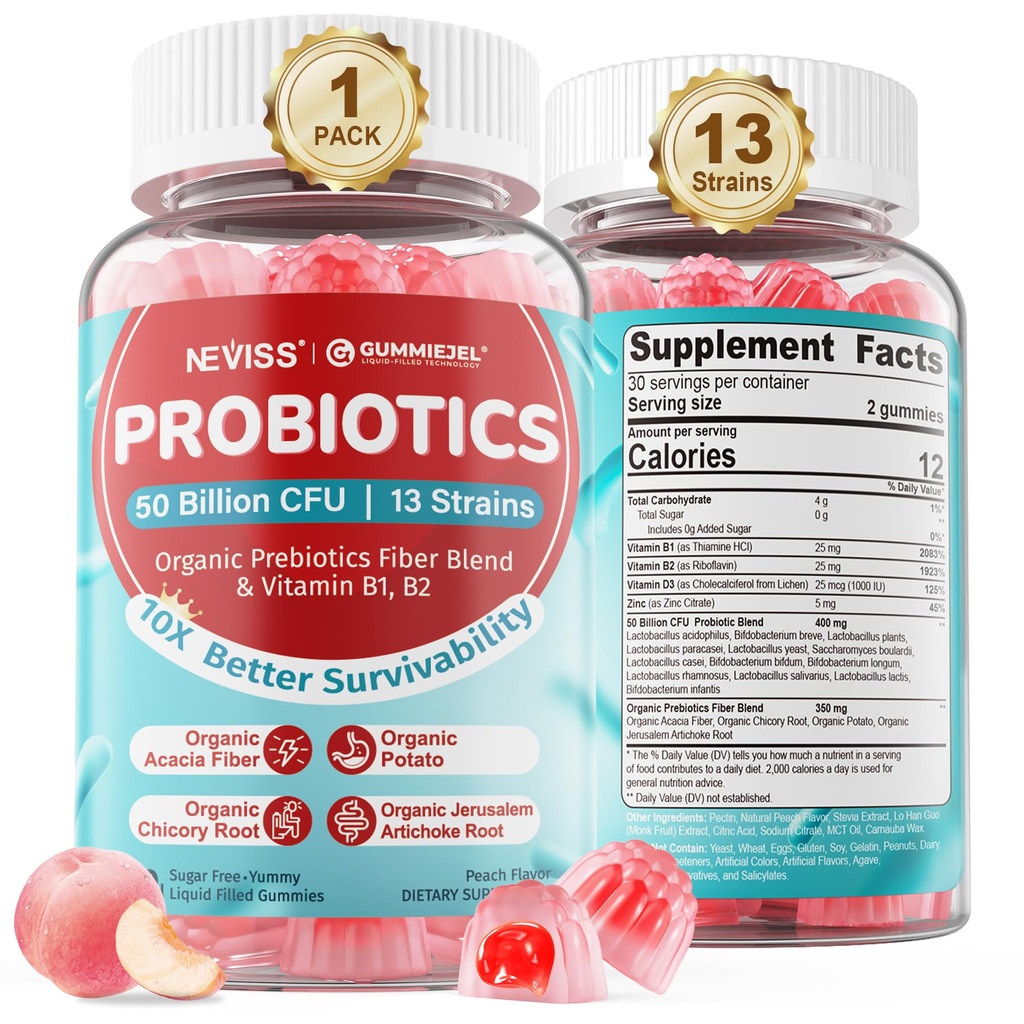Promiotic Probiosis + Prebiotic gummies for Adules & Kid 4 +, Sugar Free Chewable 50 Milyar CFUS w / Fiber, Vitamin B1 B2 D3 & Zinc, for Digetical & Gut Health, Divisi Microflora Boost, 60 Cts