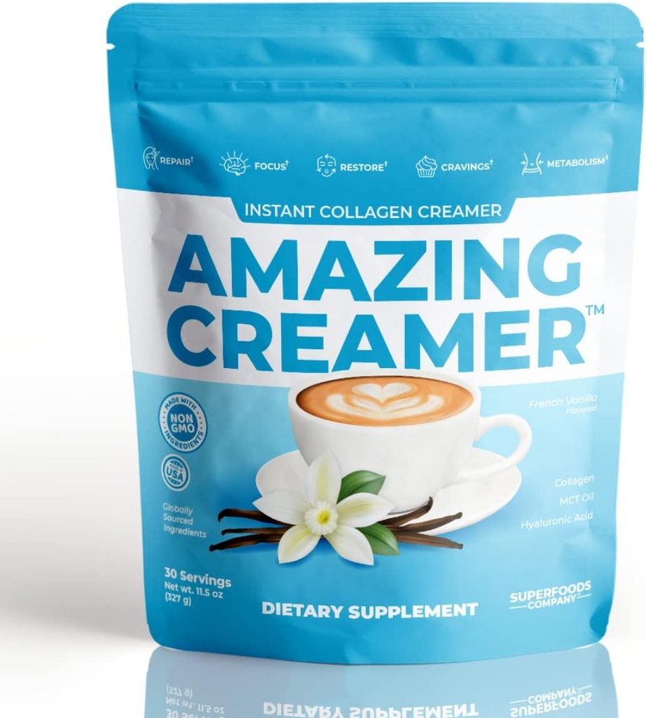 Perusahaan Superfood Amazing Creamer dengan Collagen - Keto Creamer- Hyaluronic Acid & MCT Oil - Brain Boost & Curbs Crauges - Mendukung Sehat Skin & Rambut - Diet- Friendly [30 Pelayan] [Vanilla]