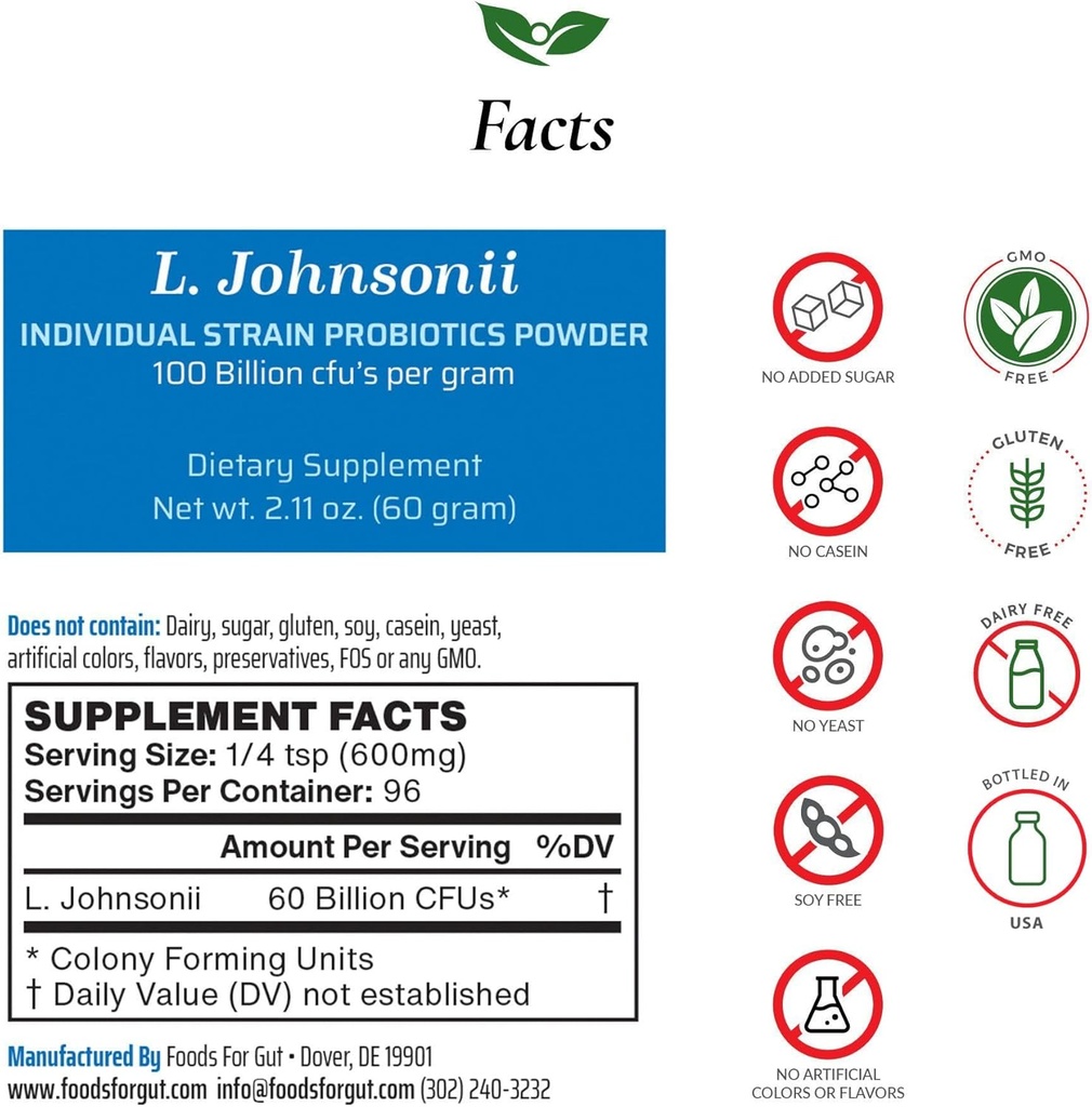 Makanan untuk Gut Lacleillus Johnsonii Powder Probiotic 100 Miliar cfu 's 124; Tidak ada Addocures 124; Direct dari Manufaktur 12.4; Tidak ada Desid- Penyimpanan Partai 124; Imune Dukungan 124; L. Johnsonii 124; 60 Grams (2.11 Oz)