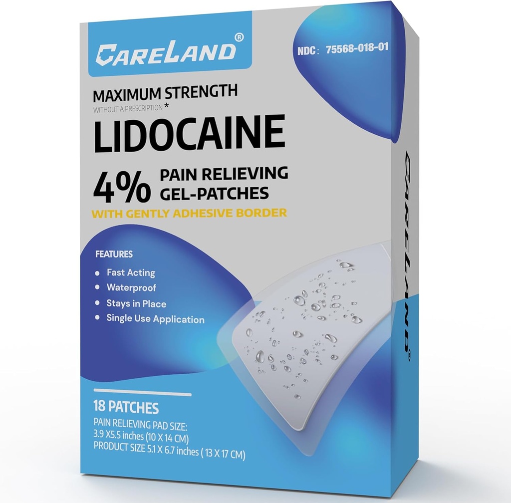 CARELAND 4% Lidocaine Patches 18 Pcs Maximum Energy Suit Relief Product Patches with Strong Adhesive Border, for Neck Knee Nerve Shoulder Pain Relief Muscle Relaxer, Super Sticky