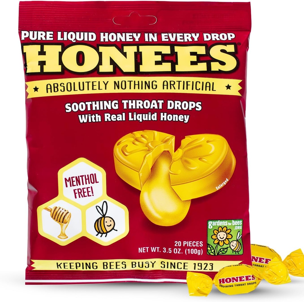 Honees Honey Filled Drops, Honey Cough Drops with Real Honed-Natural Sore Throat Relifeftifial- Throat Coat Lozenges, Natural Cough Suppresan, Non- GMO, Gluten Free (1 Pack - 20 tetes)