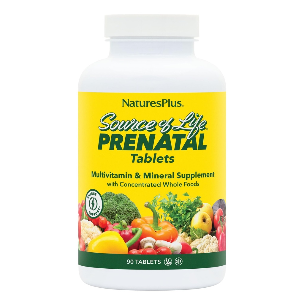 Natures Plus Source of Life Prenatal - 800 mcg Folate, 90 tablet Vegetarian - All Natural Prenatal Vitamin & Mineral with Iron & Calcium - Optimal Health & Energy - Gluten- Free - 45 Servings