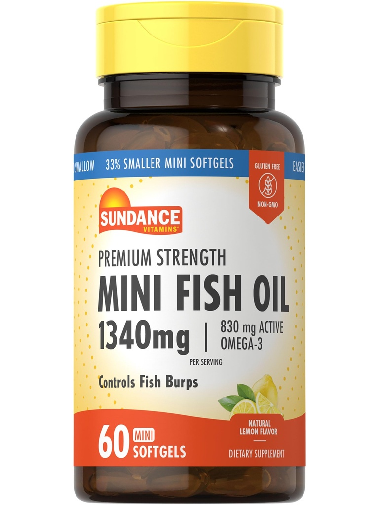 Sundance Mini Fish Softgels 1340mg 124; 60 Count 124; Controls Fish Burps 126; Premium Power Formula dengan Omega-3 124; Natural Lemon Flavor 124; Non-GMO dan Gluten Free Suplemen