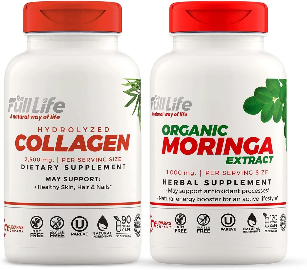 Full Life Hydrolyzed Collagen dan Moringa Oleifera Capsules - Dietary Suplemen Bovine Collagen untuk Perempuan dan Pria, Gluten- Free - Veggie Capsules