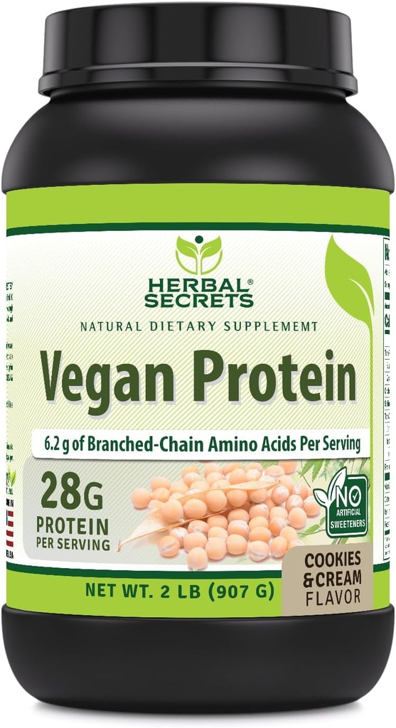 Herbal Secrets Vegan Protein 124; Cookies & Cream Flavor 12.4; 28 Grams Protein 14; 23 pelayan: 124; 6.2 Grams BCAA Supplemen; Dibuat di USA