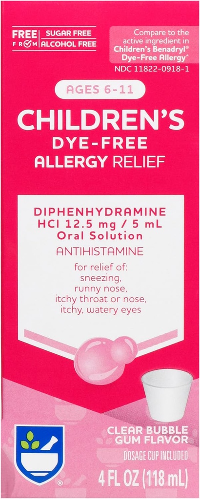 Rite Aid Children 's Allergy Relief, Diphenhydramine HCI, Bubble Gum Flavor, 12.5 mg - 4 oz 124; Antihispine Medicine 124. Obat Algergy Anak-anak: Algergy Medication 124; Allergy Pistls 24; Anak-anak Allergy Medicine
