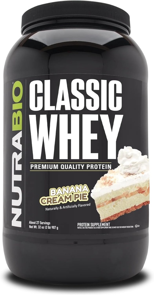NutraBio Classic Whey Protein Powder - 25G Protein Per Scoop - Full- Spectrum Amino Acid Profile - Tidak ada Penyaring, Warna Buatan, Pengawet - (Pisang Cream Pie, 2 Pounds)