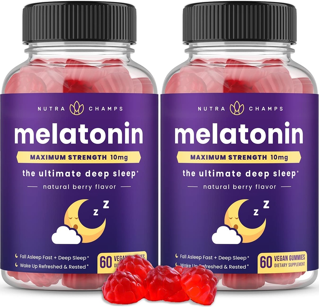 NutraChamps (Paket 2 Melonalin Gummies untuk Orang Dewasa, Tambahan Bantuan Tidur Vitamin, 5mg atau 10mg Dose, Vegan Strawberry Natural Flavor Supplemen Lebih Baik Tidur, 120 Gummies