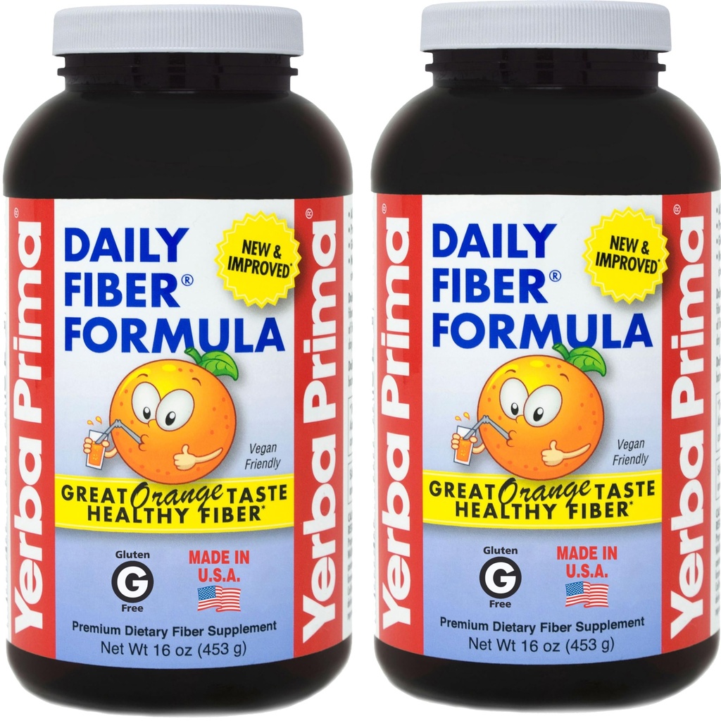 Yerba Prima Daily Fiber Formula 16 oz (Pack of 2) - Premium Dietary Fiber Suplement, Non-GMO, Gluten Free, Made in The USA, Orange Flavor
