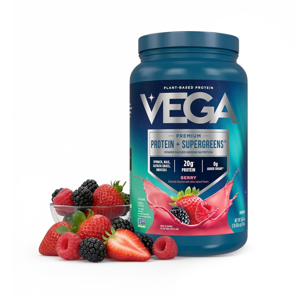 Vega Protein + Supergreens - 20g Plant-Based Protein, Berry, 26 Servings, Real Greens & Vegan, Vegan Keto, 0g Added Sugar, Non-GMO, Gluten Free, Dairy Free, 1.7lbs (Packaging May Vary)