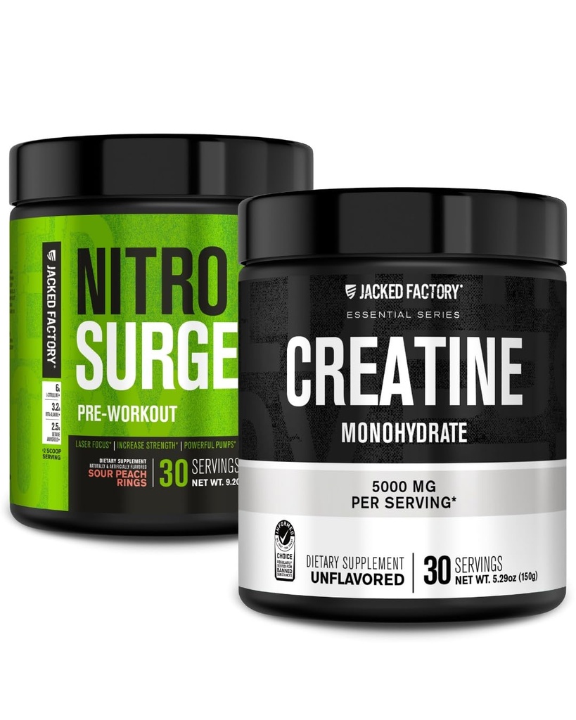 Jacked Factory NITROSURGE Pre Workout Supplement - Instant Power Gains & Intense Pumps (30 Service, Sour Peach Rings) & Creatine Monohydrate for Muscle Growth (30 Servings, Unflashed)