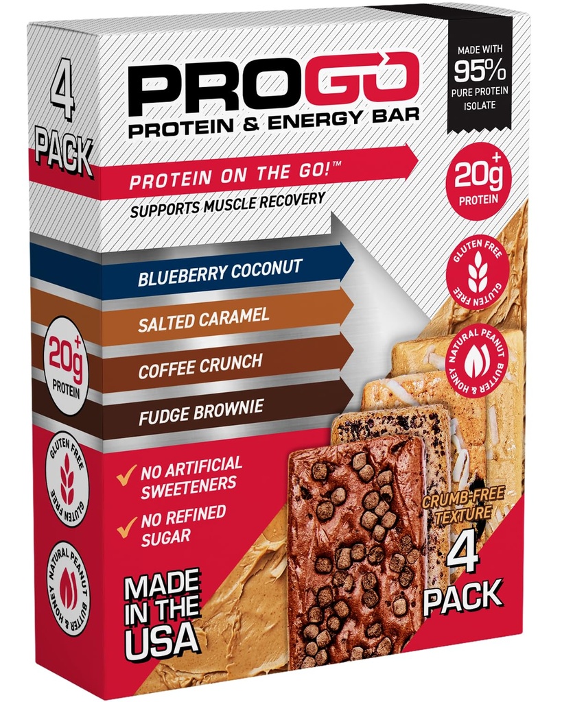 ProGo Protein Bars, Low Sugar, High Protin Snacks (Sampai 21g) - 95% Isolat Murni untuk Perkembangan Otot Lebih Cepat & Pemulihan, Calorie Rendah, Sweetened w / Peanut Butter & Raw Honey (4- Count, Starter Pack)