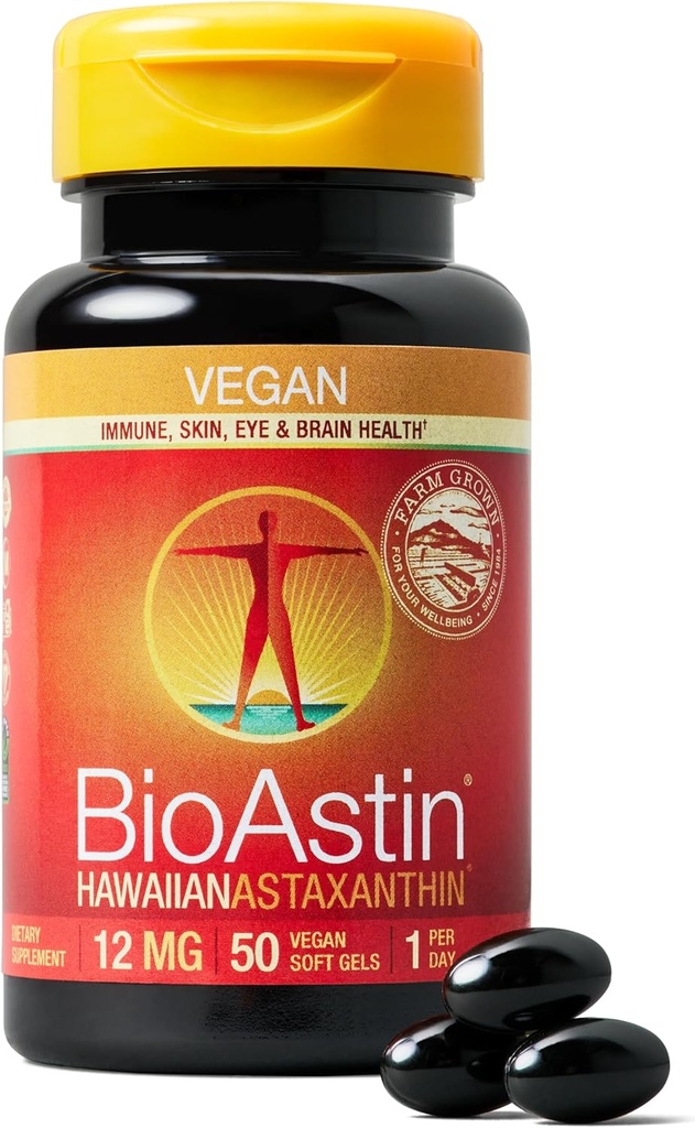 Nutrex Hawaii Vegan BioAstin Hawaiian Astaxanthin - 12mg, 50 Softgels - Farm-Direct Premium Antioksidant Support untuk Dukungan Eye, Skin, Gabungan & Imune System Health - Vegan, Non-GMO & Gluten- Free
