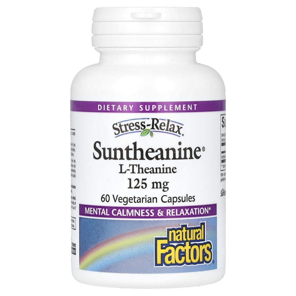 Faktor Alam Stress-Relax Suntheanine L- Theanine 125 mg, Non- Drowsy Stress Dukung untuk Mental Calstice dan Relaxation, 60 Capsules