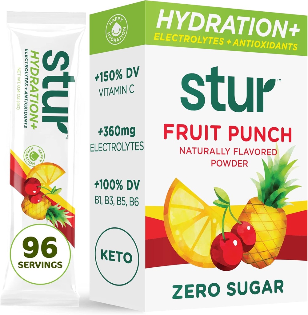 Stur Electrolytes Powder Hydration Paxkets 124; Fruit Pulse 124; Sugar Free Water Flavor Packets for Workout Recout 124; High Antioksidants & B Vitamin 126; Keto, Vegan, Non-GMO, Paleo, 96 Pacets