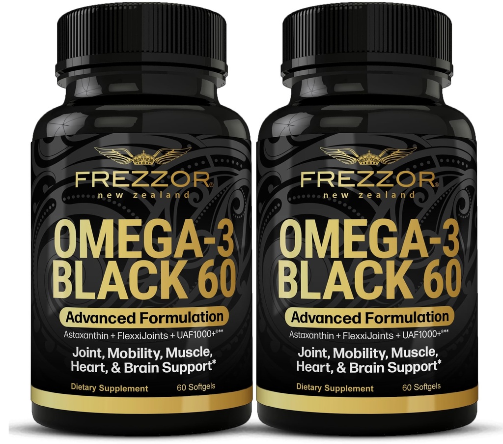 FREZZOR Omega 3 Black for Joint Care & Comfort - New Zealand Green Lipped Mussel Oil Capsules; 53x Higher Potency with UAF1000 + Super Antioksidant, No Fishy Aftertaste, 60 Count (Paket 2)