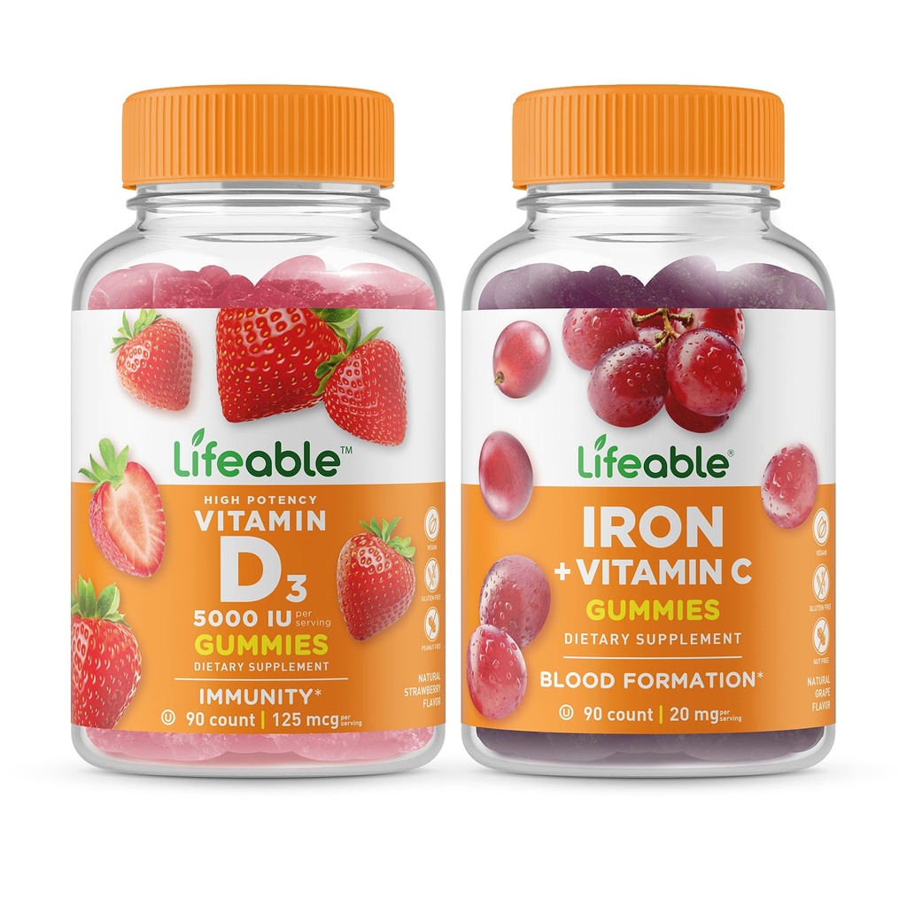 Lifeable Vitamin D 5000 IU + Iron with Vitamin C, Gummies Bundle - Great Tasting, Vitamin Suplemen, Gluten Free, GMO Free, Chewable Gummy
