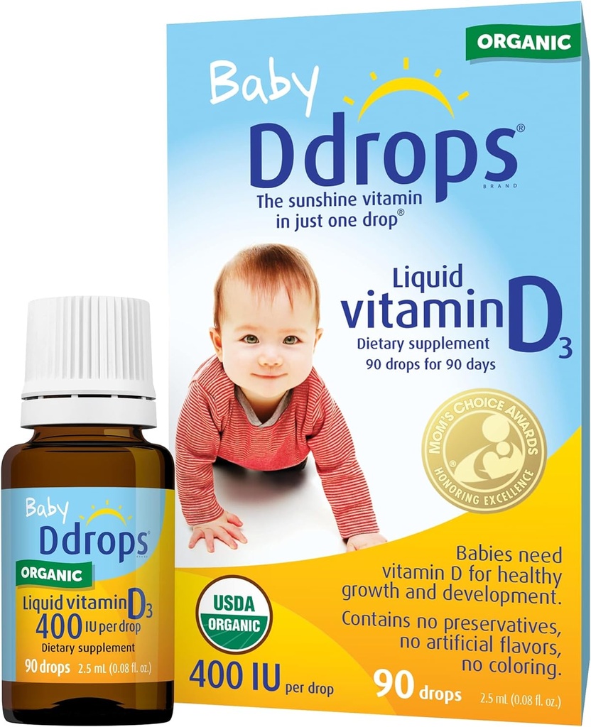 Ddrops Organic Baby 400 IU 90 Drops - Daily Vitamin D Liquid for Infants. Support Teeth & Bone Health. Tanpa pengawet, tanpa gula, tanpa GMO, Allergid- ramah - pak 2
