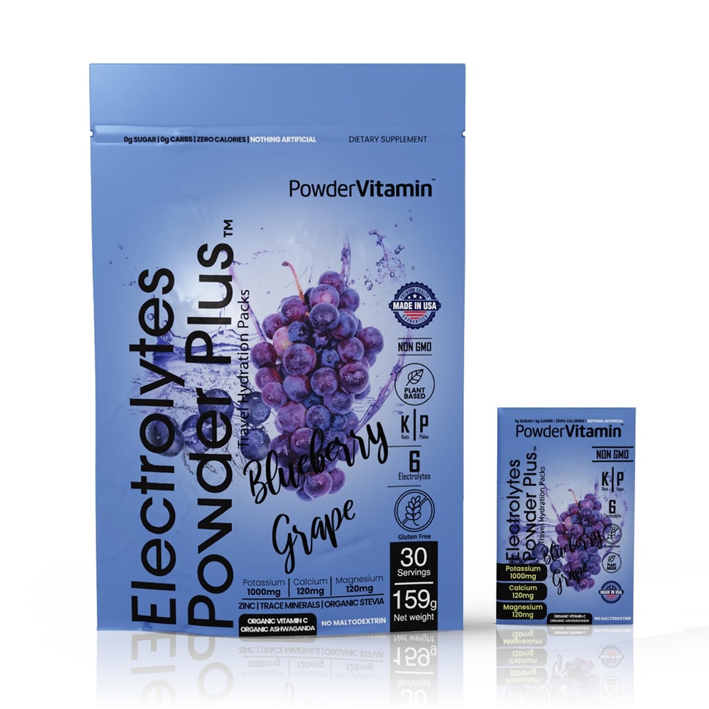 PowderVitamin Electrolytes Powder Plus, Keto, Blueberry Grape, Zero Sugar, 1000mg Potasium, 120mg Calcium, 120mg Magnesium, Non-GMO, Zero Calories, 30 Paket Hidration