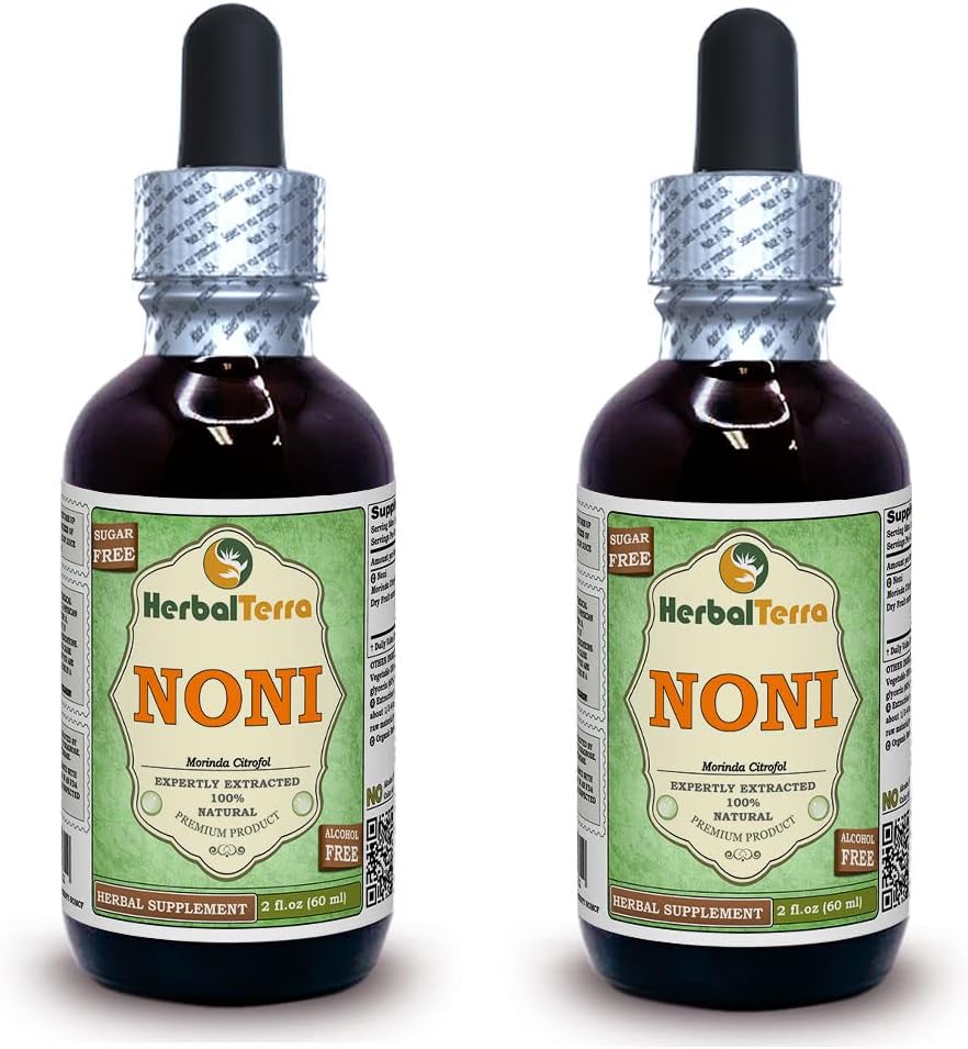 Noni (Morinda Citrofol) Glycerite, Organic Dried Fruits Alcohol- Free Liquid Extract (Nama Merek: HerbalTerra, Proughtly Made in USA) 2x2 Fl.oz (2x60 ml)
