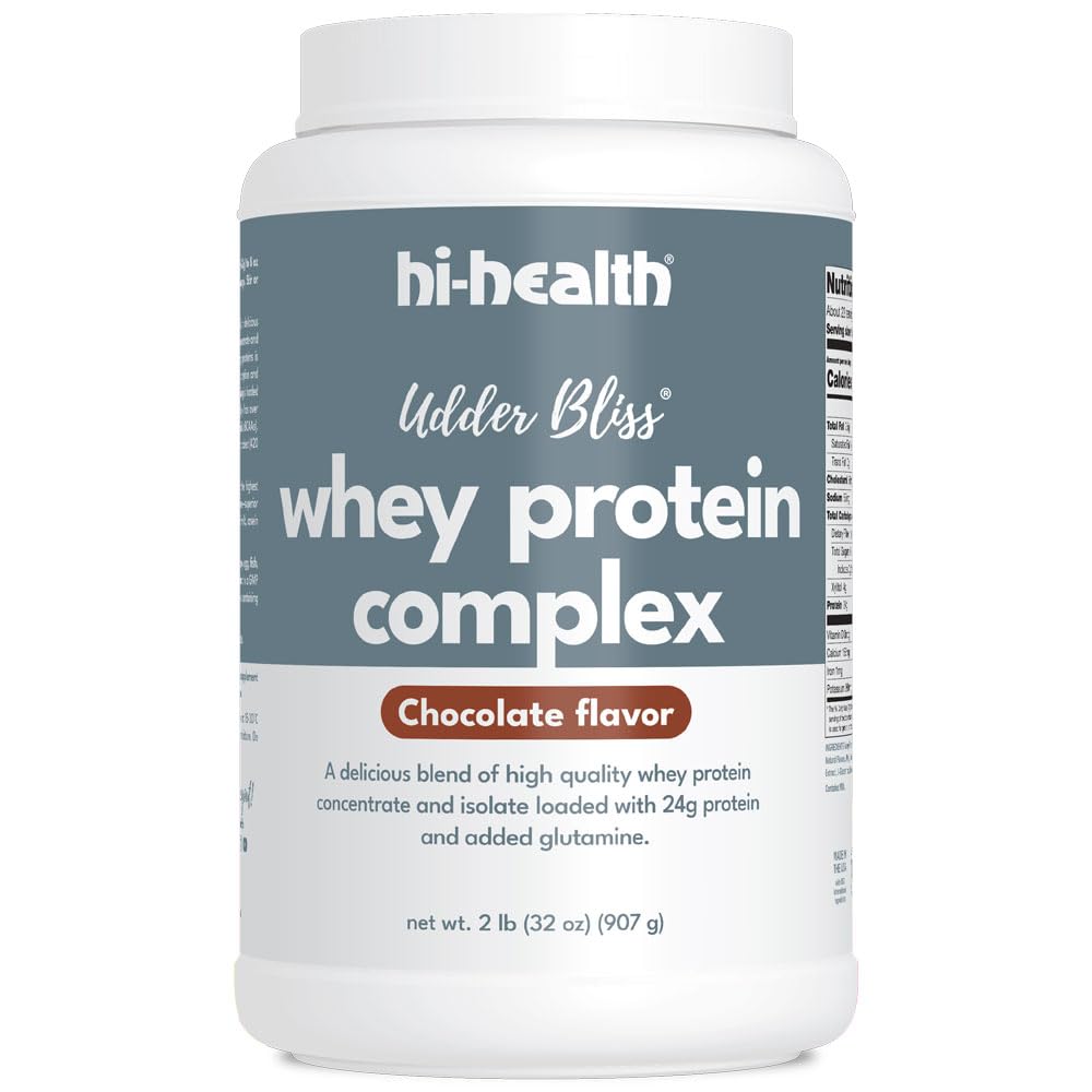 Hi-Health Udder Bliss Whey Protein Complex Powder, Blend of Biovailable Whey Protein Konsentrasikan dan Isolasi dengan Glutamine Added, Chocolate (2 Pounds)